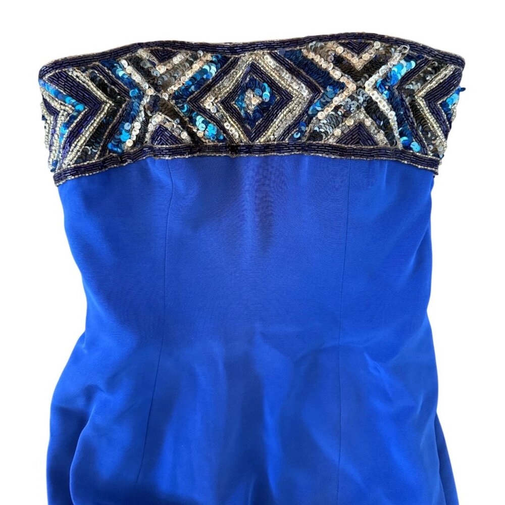 Bob Mackie Evening Mini Dress Strapless Geometric Beaded Fitted Blue Size 4 VTG